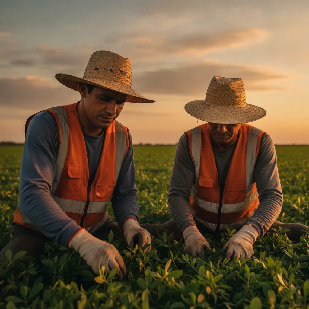 Foto real de trabalhadores do agro na operação de campo, com equipamento de proteção. Luz natural, céu aberto.