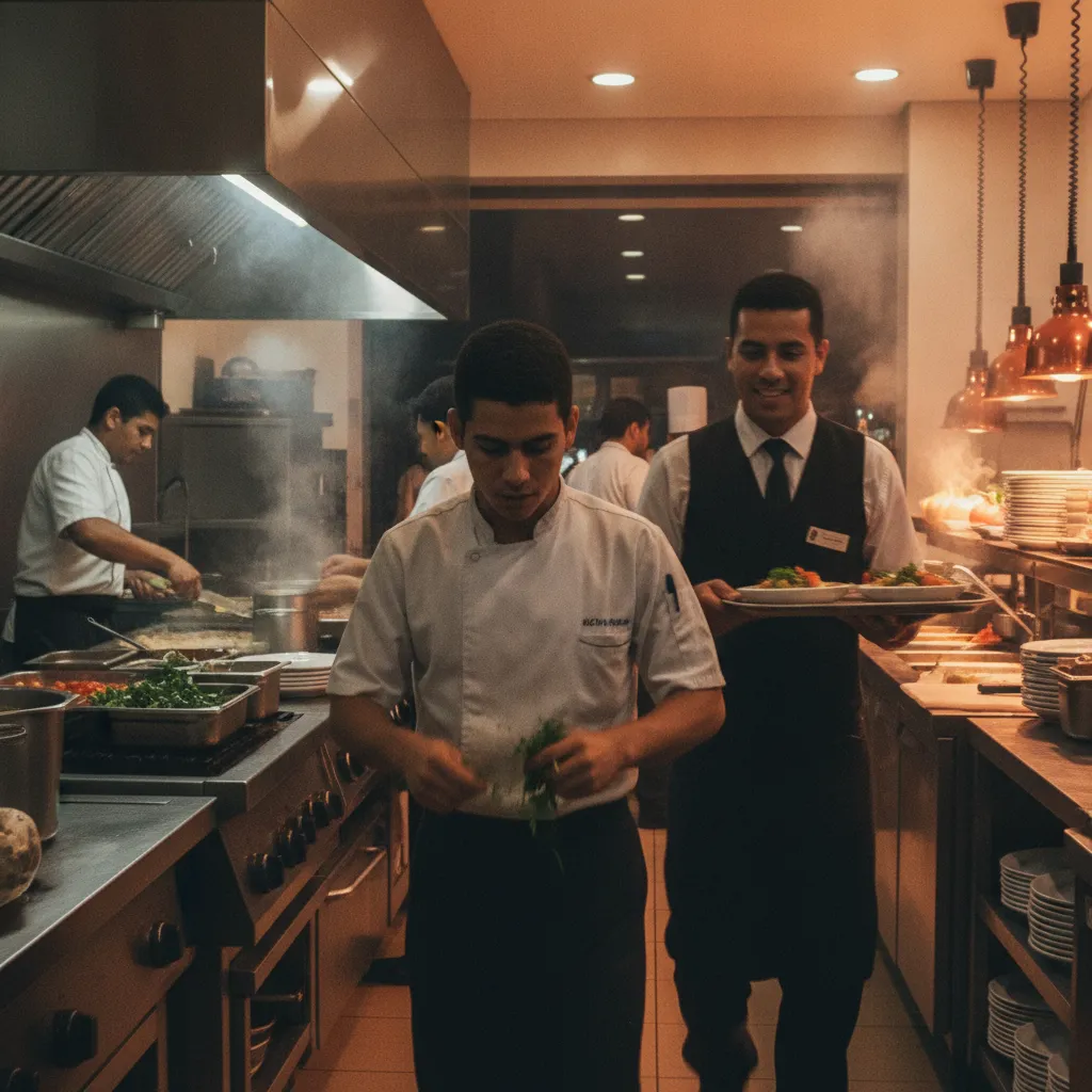 Foto real de equipe de cozinha e salão de restaurante em pleno serviço. Luz quente, movimento.