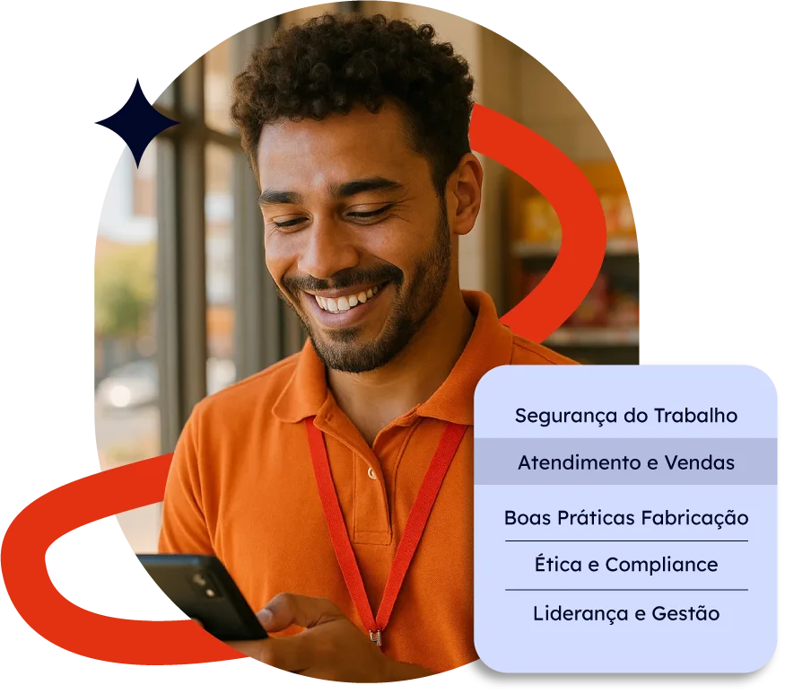 Trabalhador da linha de frente sorrindo no celular, com os temas de estudo da Versa.