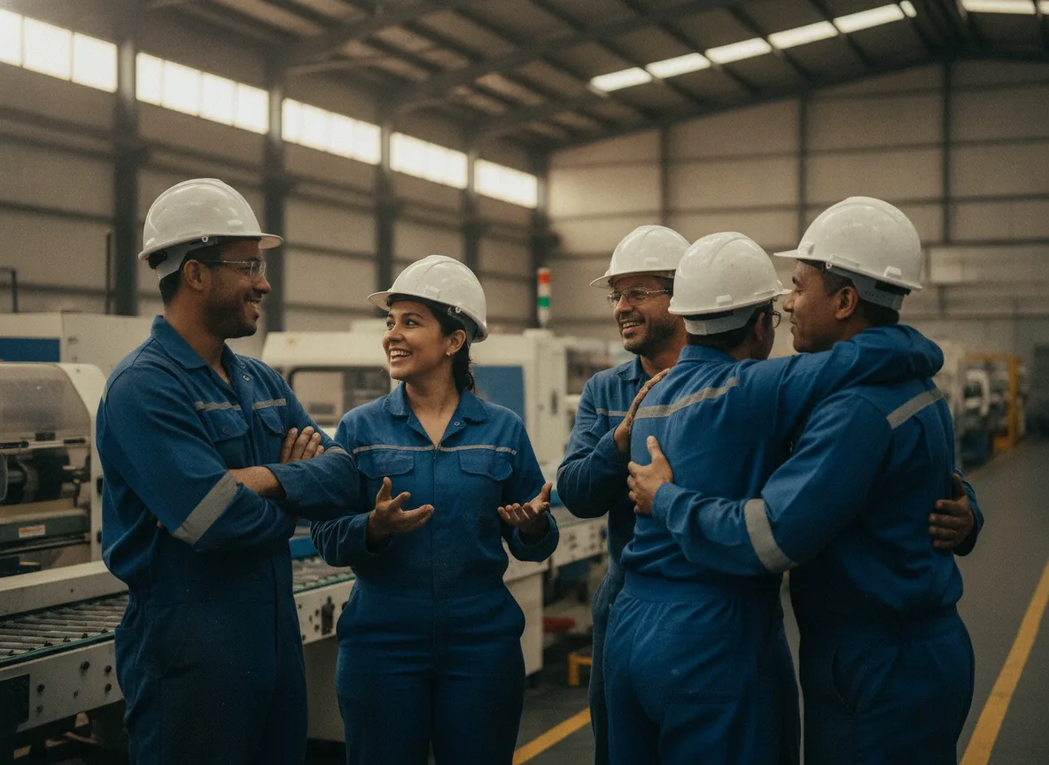 Foto real de uma equipe de operação comemorando ou trabalhando com confiança, em loja, indústria ou serviço. Tom quente, luz natural, sensação de resultado conquistado pela gente da ponta.