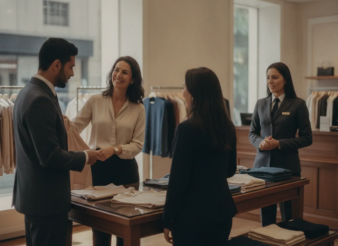 Foto de uma equipe de loja em atendimento confiante, com o Selo Loja Elite em destaque na vitrine. Luz quente, varejo de bom padrão.
