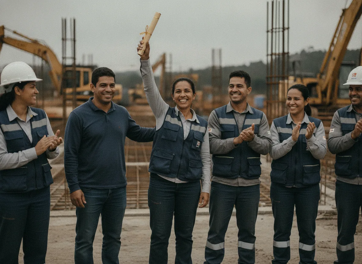Pessoas da operação em um momento de conquista: um certificado na mão, o sorriso de quem terminou o curso. Luz natural, dignidade, sem tom de pena.