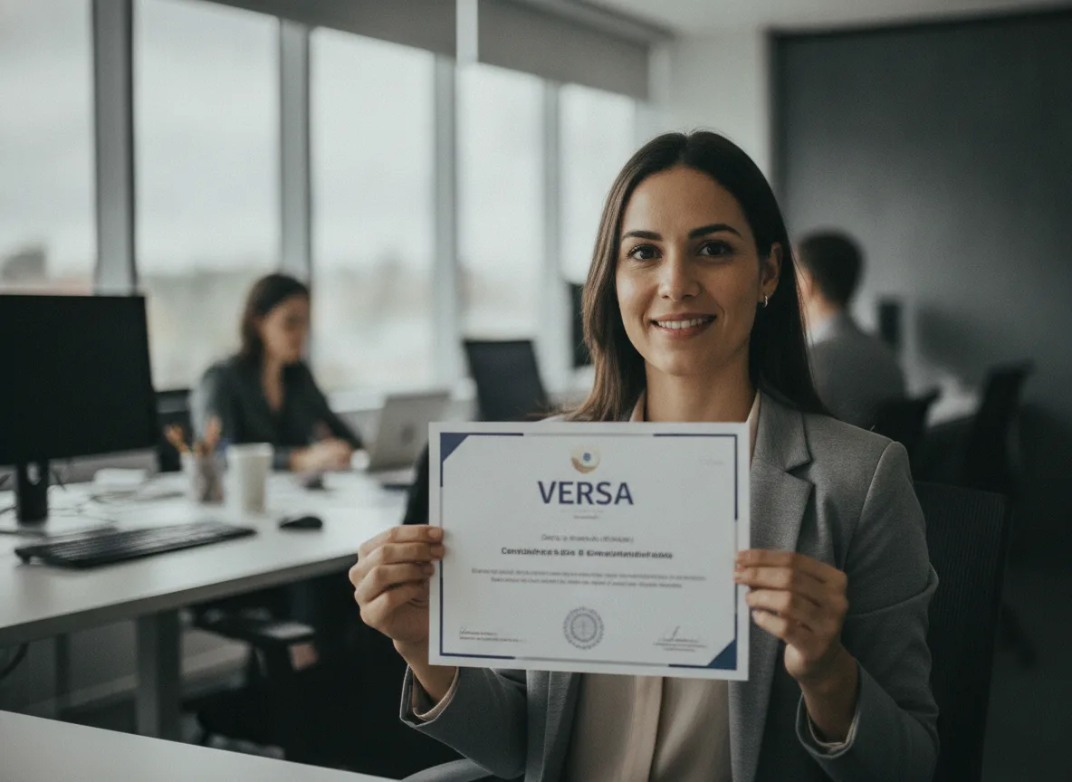 Foto real de uma pessoa da operação em uma entrevista de emprego, confiante, com o certificado da Versa em mãos. Luz natural, tom de oportunidade.