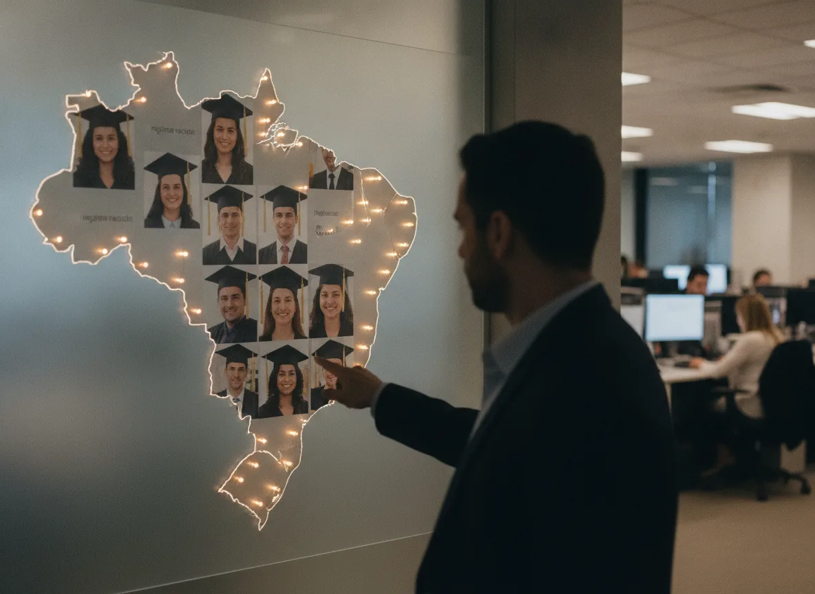 Painel de impacto mostrando pessoas formadas e regiões alcançadas, com a marca do patrocinador. Visual de transparência e resultado.