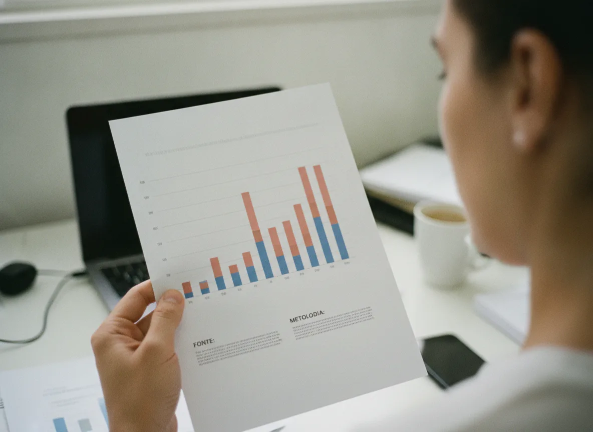 Página interna do relatório mostrando um gráfico com a nota de fonte e metodologia ao pé. Reforça a transparência.