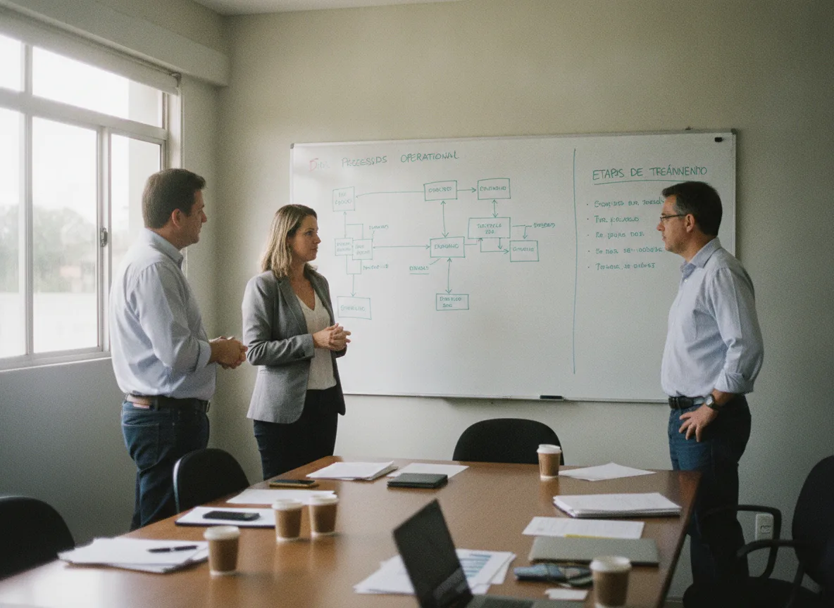 Foto real de uma reunião de diagnóstico: consultora e gestores diante de um quadro com o mapa da operação e as etapas de treinamento. Luz natural, tom de trabalho.