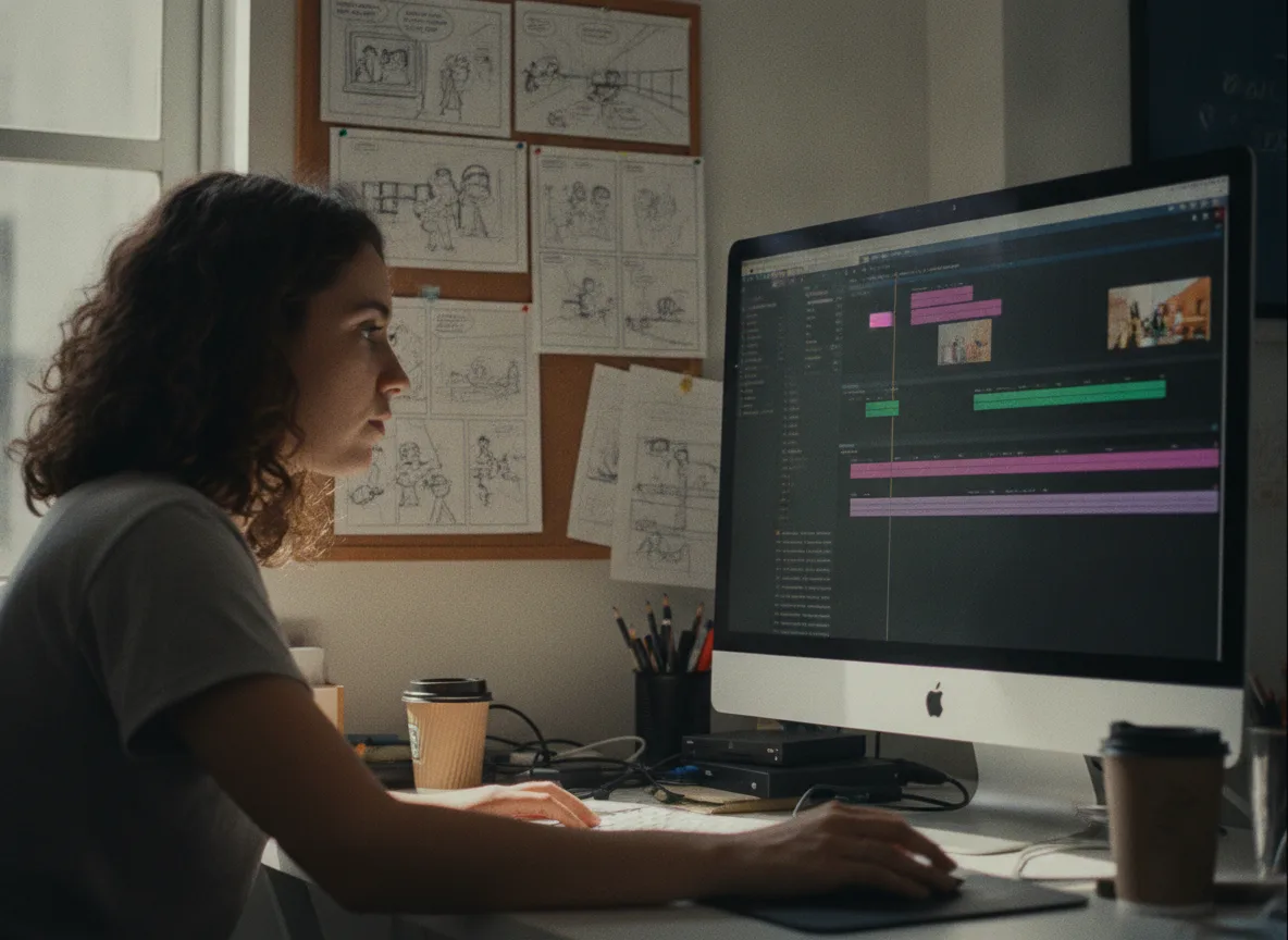 Linha do tempo de edição de vídeo na tela, ao lado de storyboards de animação. Mostra a produção em andamento.