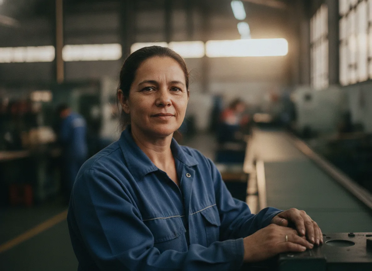 Foto real de um trabalhador da operação olhando para a câmera com orgulho do próprio ofício, no ambiente de trabalho (loja, indústria, serviço). Luz natural, tom quente, dignidade, nunca pena.