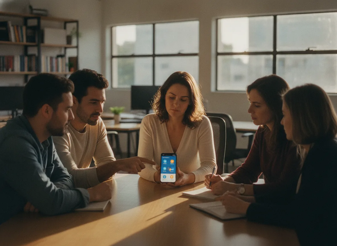 Foto real de uma equipe de franquia ou revenda em situação de trabalho, com a escola digital aberta no celular com a marca do parceiro. Tom quente, luz natural.