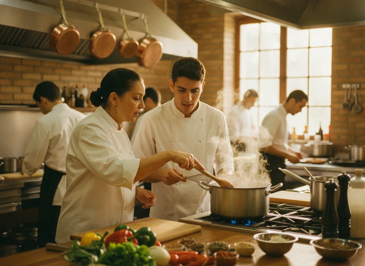 Foto de chef ou líder de cozinha orientando um novato durante o preparo. Cores quentes.