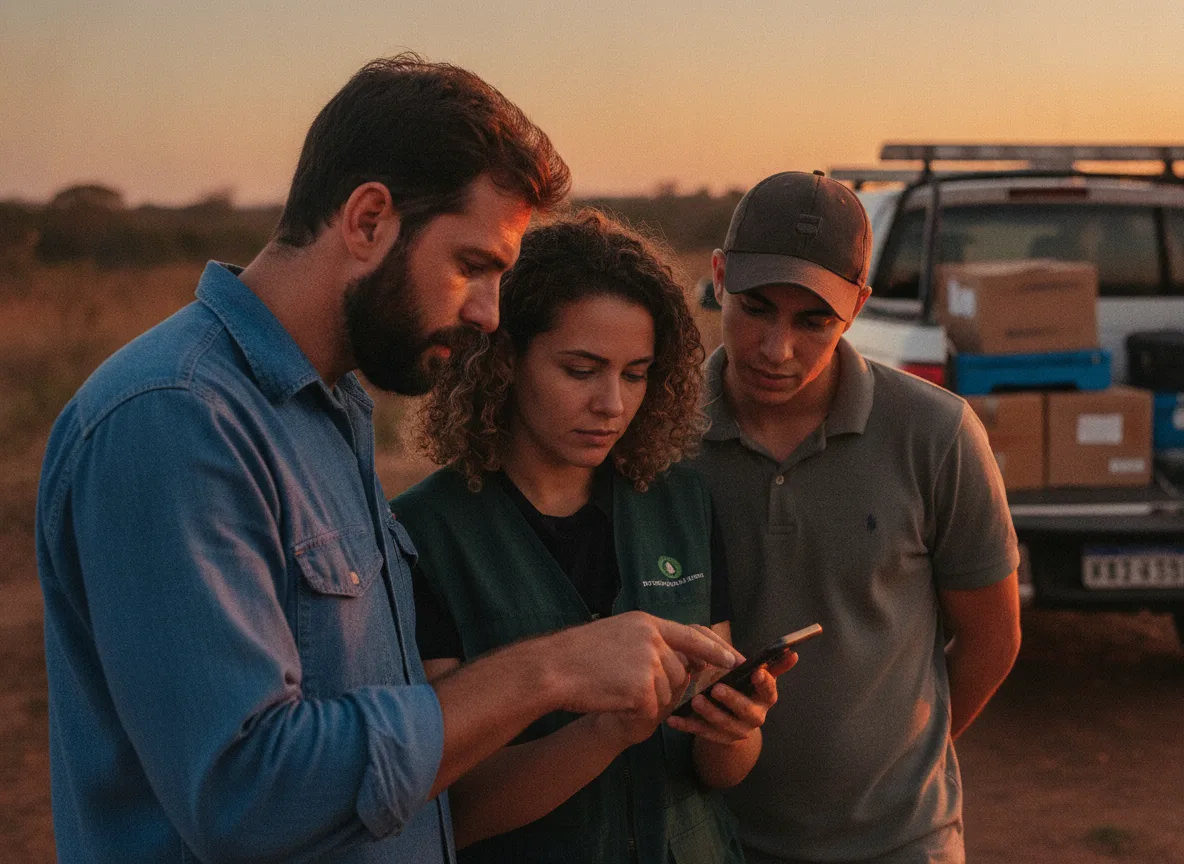 Foto de equipe de campo consultando o celular antes de um atendimento. Cores quentes.