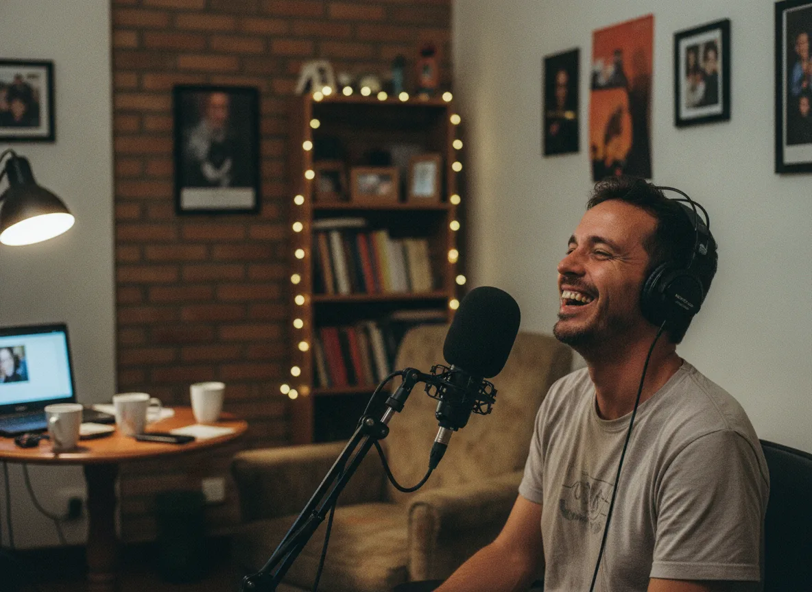 Gravação de podcast com microfone e fone, ambiente quente e informal, luz natural.